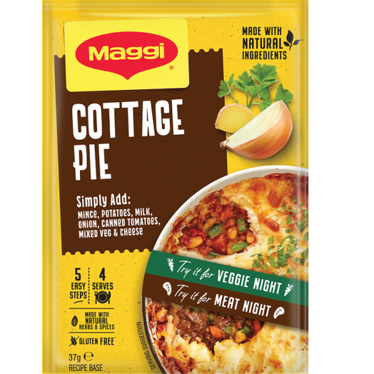 Maggi Cottage Pie seasoning packet with images of a dish and text on a yellow background