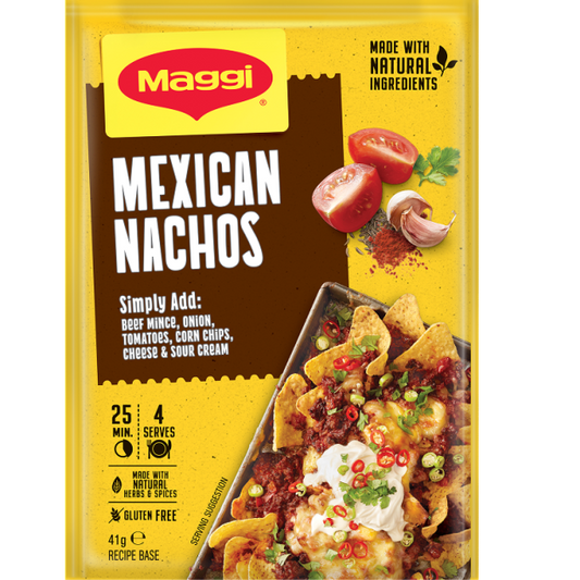 Maggi Mexican Nachos packaging with ingredients listed on a yellow background