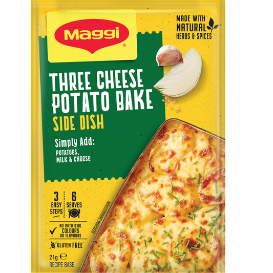 Maggi Three Cheese Potato Bake side dish packaging on a white background