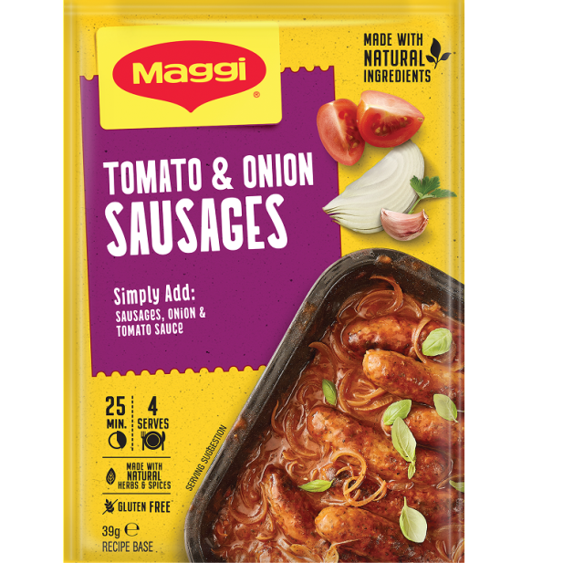 Maggi Tomato & Onion Sausages packaging with a yellow and purple design.