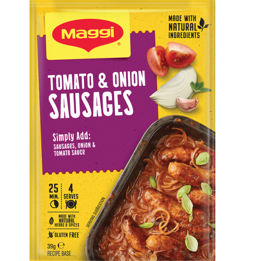 Maggi Tomato & Onion Sausages packaging with a yellow and purple design.