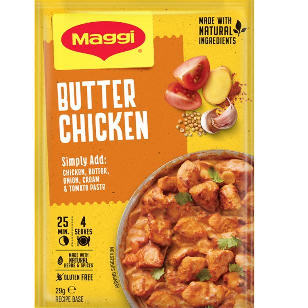 Maggi Butter Chicken packaging with a bowl of chicken curry on a yellow background