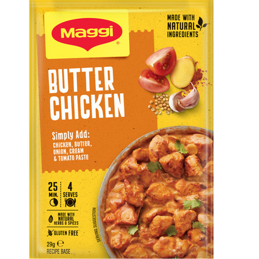 Maggi Butter Chicken packaging with a bowl of chicken curry on a yellow background