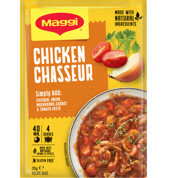 Maggi Chicken Chasseur packaging with a bowl of stew on a yellow background