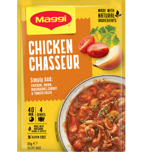 Maggi Chicken Chasseur packaging with a bowl of stew on a yellow background