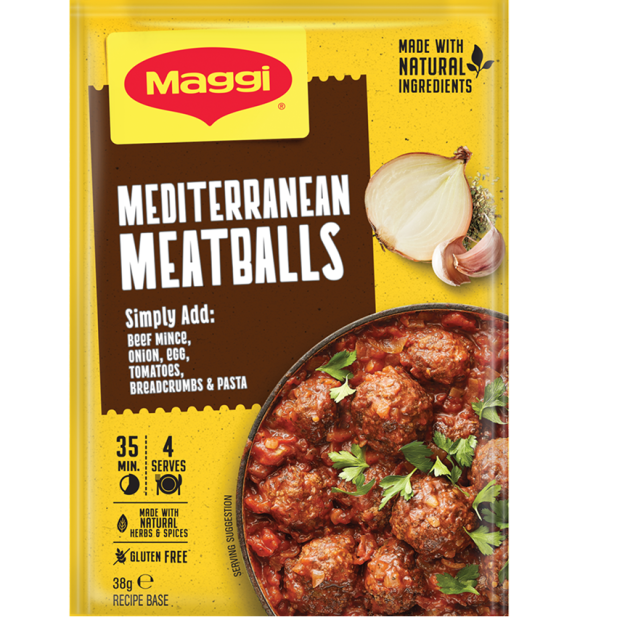 Maggi Mediterranean Meatballs packaging with yellow and brown design