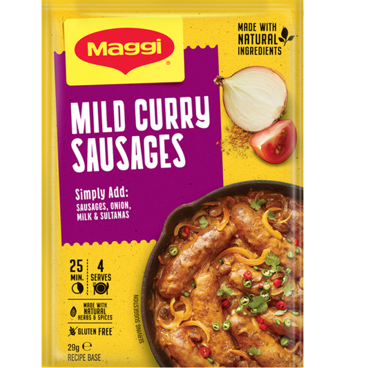 Maggi Mild Curry Sausages packaging with yellow and purple design.
