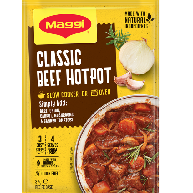 Maggi Classic Beef Hotpot packaging with beef hotpot image on a yellow background