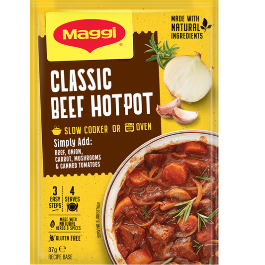 Maggi Classic Beef Hotpot packaging with beef hotpot image on a yellow background