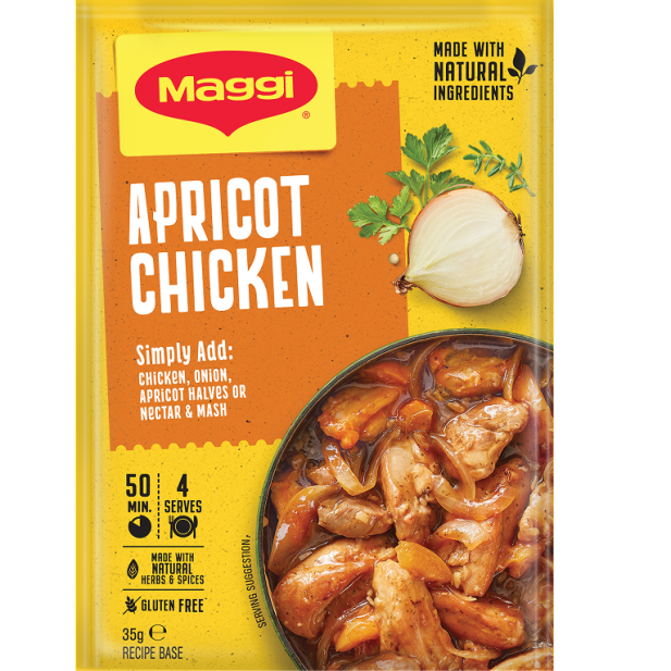 Maggi Apricot Chicken packaging with chicken dish on a yellow background