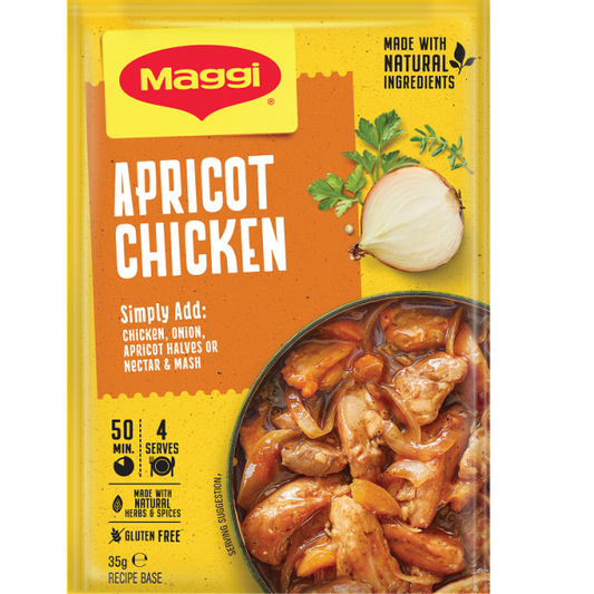 Maggi Apricot Chicken packaging with chicken dish on a yellow background