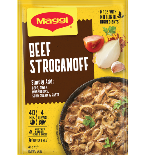 Maggi Beef Stroganoff packaging with ingredients and preparation details.