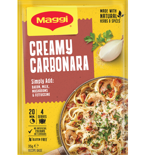 Maggi Creamy Carbonara packaging with pasta dish on yellow background