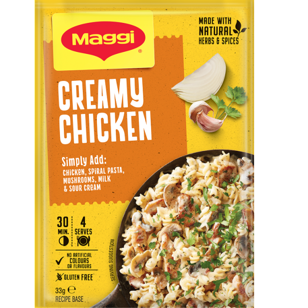Maggi Creamy Chicken seasoning packet with ingredients listed on a white background