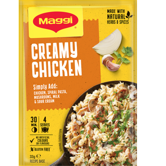 Maggi Creamy Chicken seasoning packet with ingredients listed on a white background