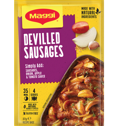 Maggi Devilled Sausages packaging with a purple and yellow design.