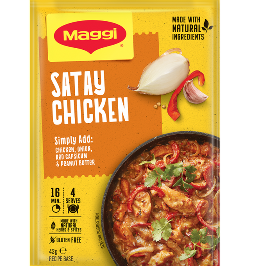 Maggi Satay Chicken seasoning packet with ingredients and preparation details.