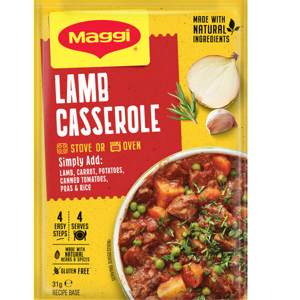 Maggi Lamb Casserole packaging with a bowl of lamb casserole on a yellow background