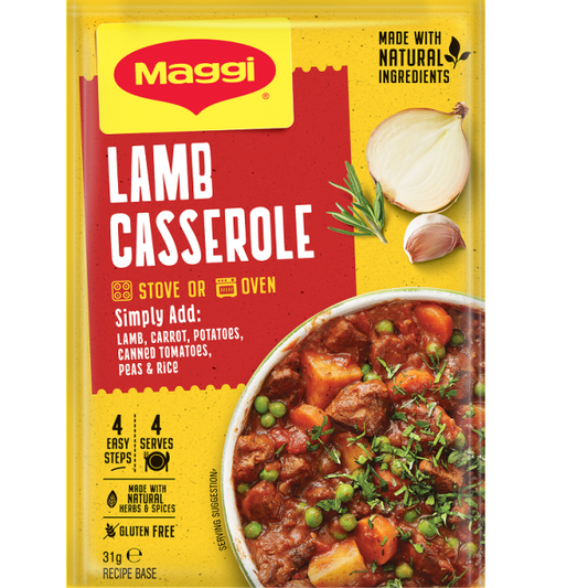 Maggi Lamb Casserole packaging with a bowl of lamb casserole on a yellow background