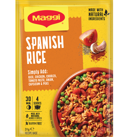 Maggi Spanish Rice packaging with a yellow background and image of rice dish.