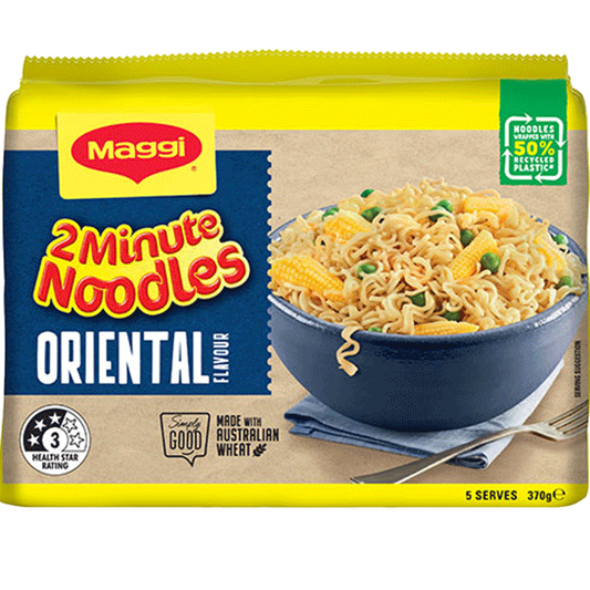 Maggi 2 Minute Noodles Oriental flavor packaging with a bowl of noodles on a white background