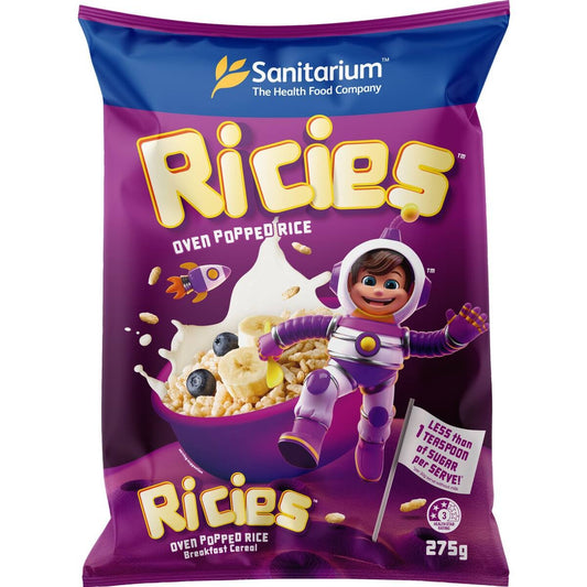 A 275g bag of Sanitarium Ricies Oven Popped Rice breakfast cereal, featuring a purple and blue design with a cartoon astronaut character and cereal imagery.