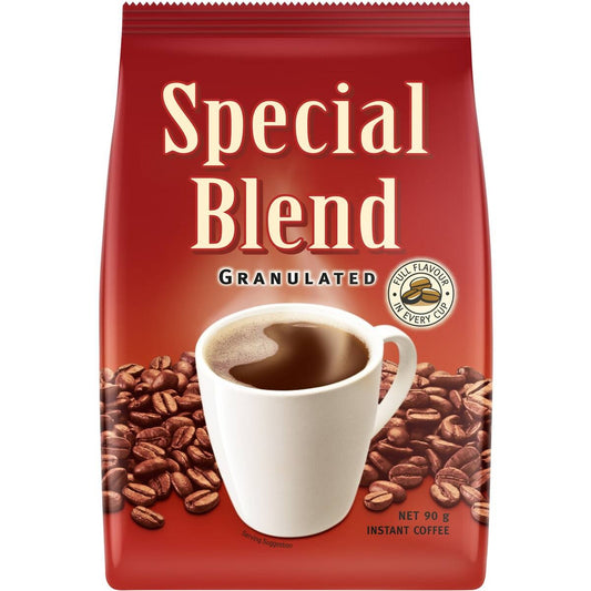 A 90g bag of Special Blend Granulated Instant Coffee, featuring a red packaging design with a white coffee cup and scattered coffee beans.