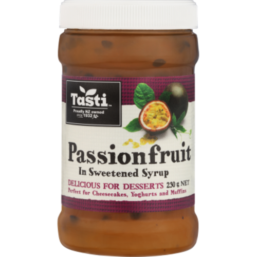 A jar of Tasti Passionfruit In Sweetened Syrup, featuring a white lid and a label with illustrations of a whole and sliced passionfruit, set against a plain white background.