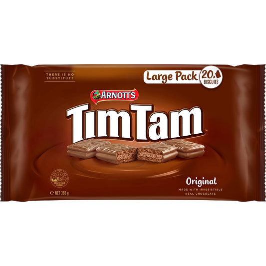 Arnotts Tim Tam Original Chocolate Biscuits Value Pack 365g featuring smooth milk chocolate coating and crunchy biscuit layers.