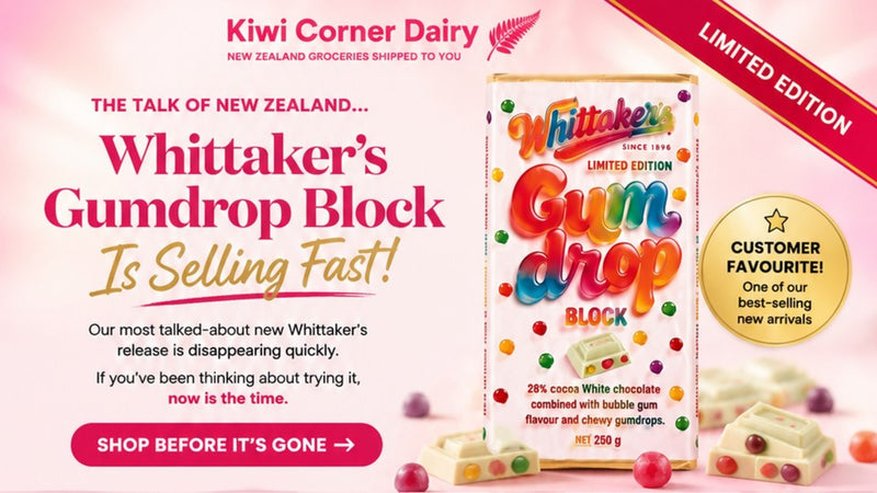 Promotional advertisement for Whittaker's Gumdrop Block chocolate, featuring the product box on a pink background with text, a limited edition banner, and a customer favourite badge.