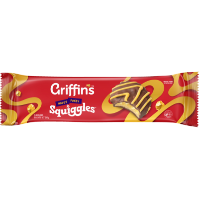 Griffins Squiggles Hokey Pokey 215g chocolate biscuits with honeycomb creme and yellow chocolate squiggles.