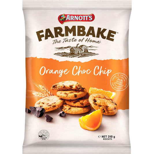 A 310g pack of Arnotts Farmbake Orange Chocolate Chip Cookies showing golden-baked cookies with chocolate chips and orange zest.