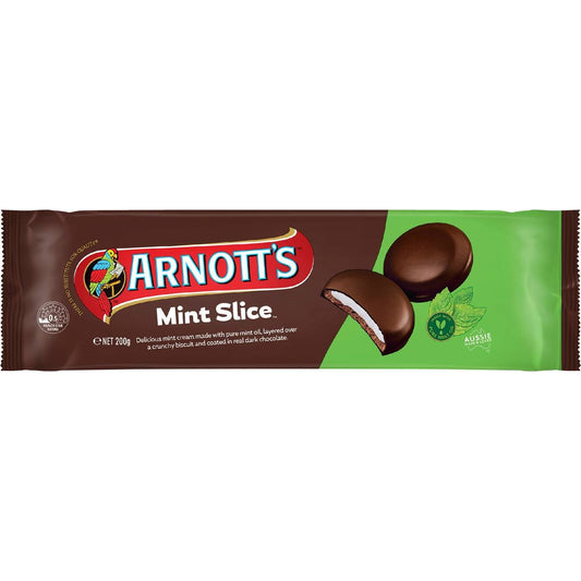 Arnott’s Mint Slice biscuits featuring a crunchy chocolate base with cool mint cream and dark chocolate coating