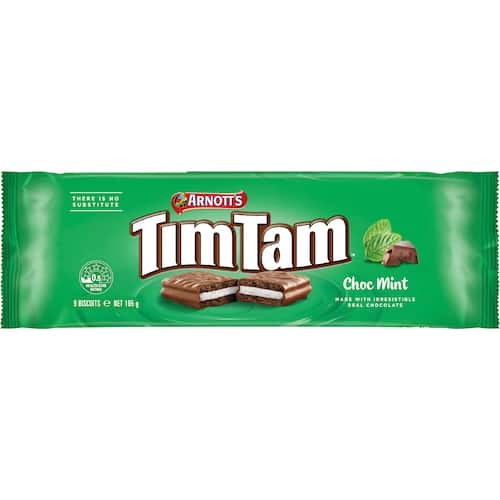 Arnott's Tim Tam Chocolate Mint biscuits package featuring milk chocolate covered biscuits with cool mint cream filling