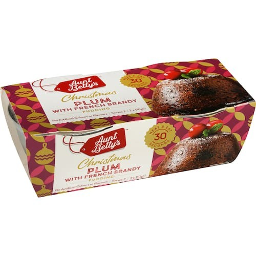 Aunt Betty's Christmas Plum Puddings 2 x 110g, two individual festive fruit puddings