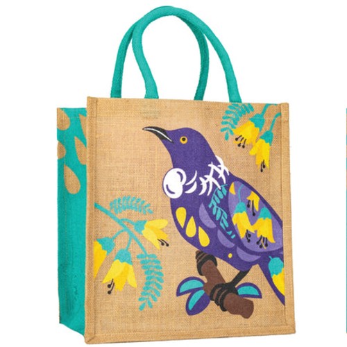 Hessian bag featuring a printed Kiwi design with sturdy handles