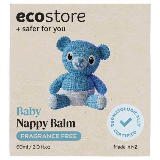 EcoStore Baby Nappy Balm packaging with a blue teddy bear illustration on a beige background.