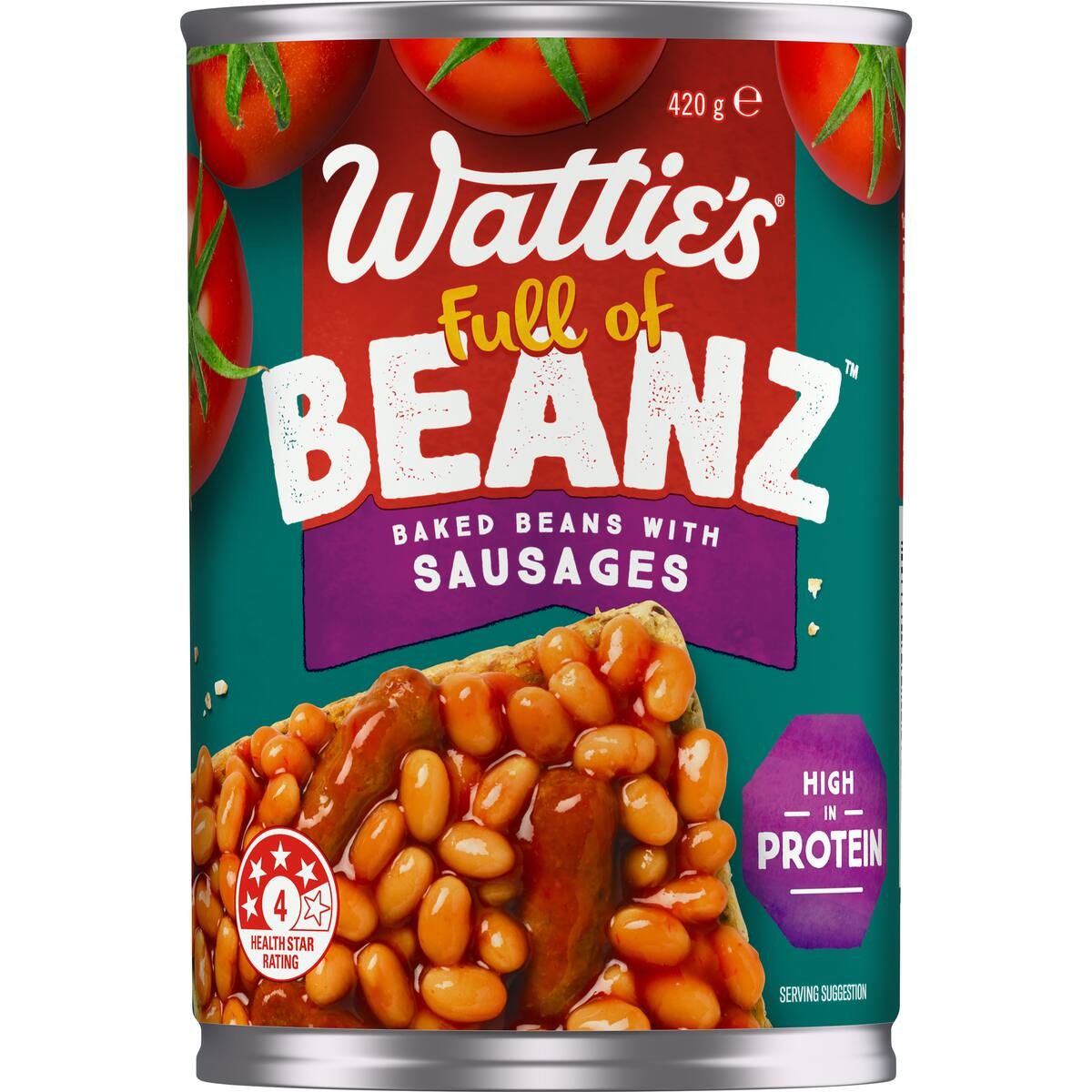 Can of Wattie's Full of Beanz with Sausages on a white background