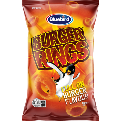 Bluebird Burger Rings 120g bag of crunchy corn snacks with full on burger flavour from New Zealand