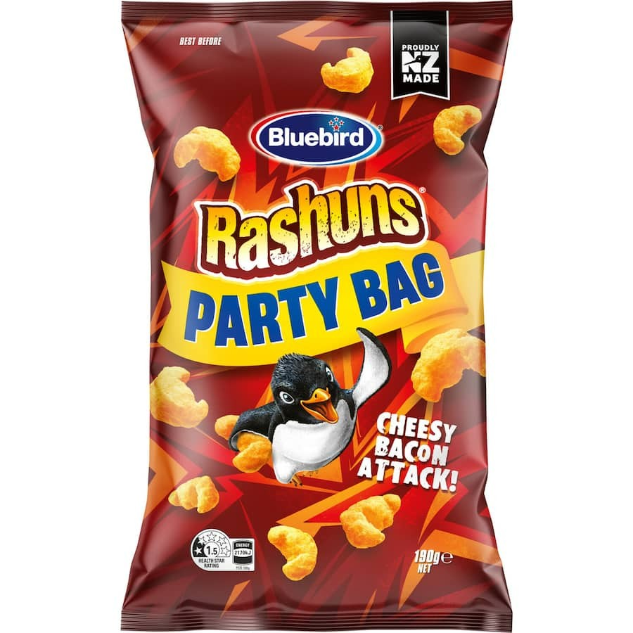Bluebird Rashuns Party Pack 190g bag of puffed corn snacks with cheese and bacon flavour.