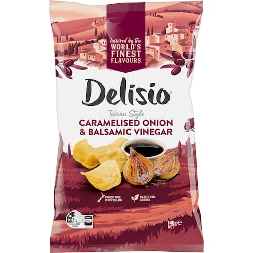 A bag of Delisio Tuscan Style Caramelised Onion & Balsamic Vinegar potato chips, featuring a white and maroon packaging design with illustrations of a Tuscan landscape, figs, and chips.