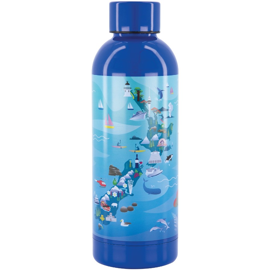 Blue water bottle with coastal design on a white background
