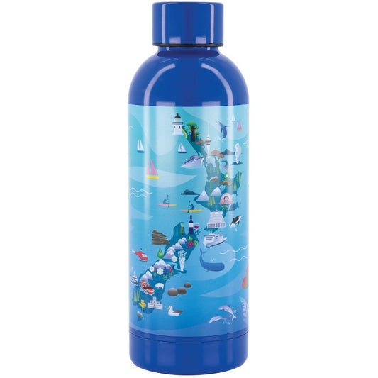 Blue water bottle with coastal design on a white background