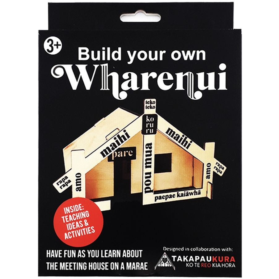 Build Your Own Wharenui educational craft kit featuring traditional Maori meeting house model pieces.