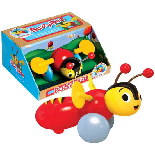Genuine Buzzy Bee Pull Along wooden toy with spinning wings and clicking sound for toddlers.