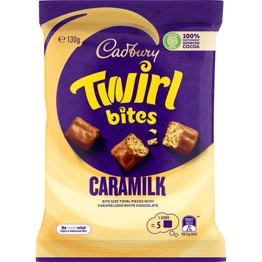 Cadbury Caramilk Twirl Bites 130g bag featuring bite-sized swirls of caramelized white chocolate coated in smooth milk chocolate.