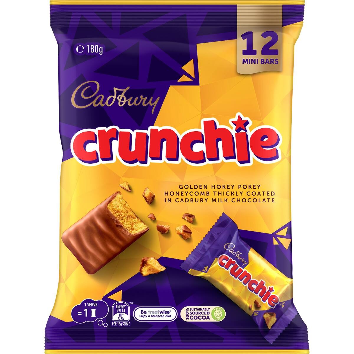 Cadbury Crunchie Share Pack 12 pack 180g featuring individual mini bars of golden hokey pokey honeycomb dipped in milk chocolate.