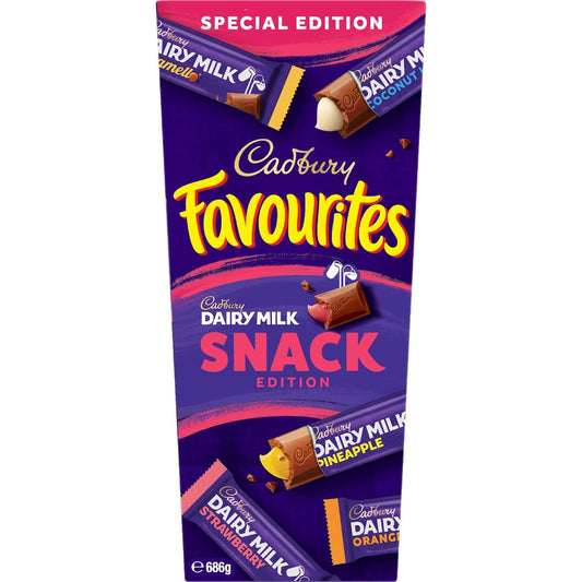 Cadbury Favourites Snack Edition Gift Box 686g featuring an assortment of Dairy Milk chocolate pieces