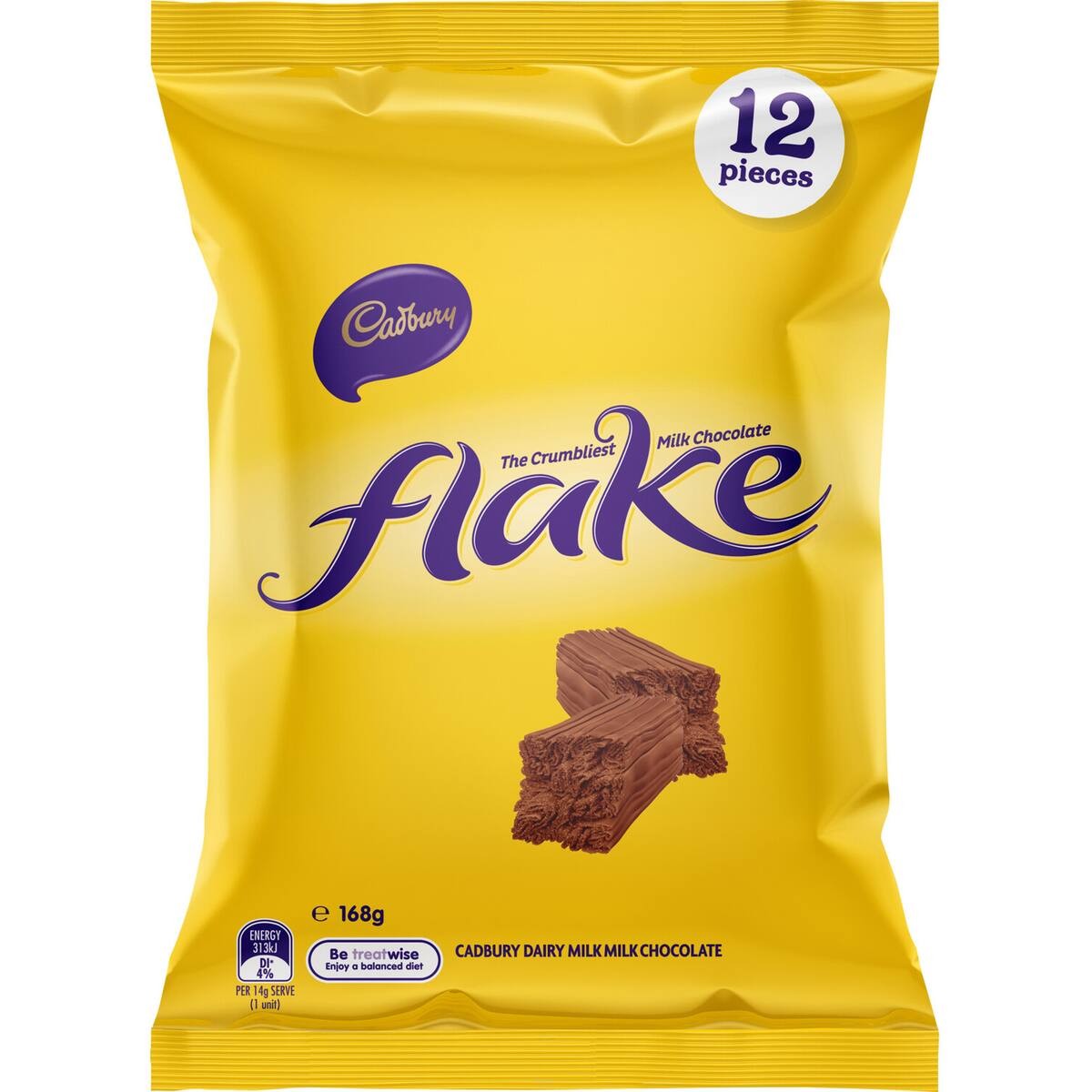 Cadbury Flake share pack containing 12 treat-size bars of thin, crumbly milk chocolate ribbons.