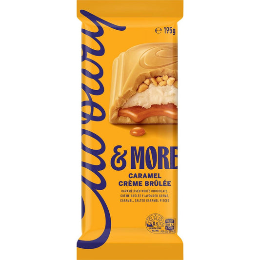 Cadbury More Creme Brulee milk chocolate block with a creamy custard flavored center, caramel sauce, and crunchy sugar pieces from New Zealand.